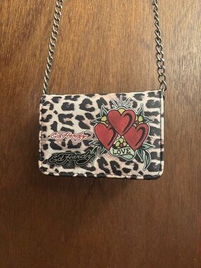 Ed Hardy Leopard Print Crossbody with Red Heart Trio